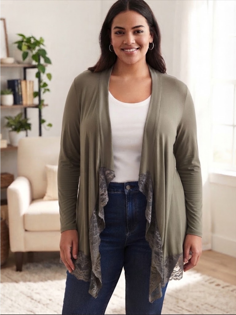 torrid NWT Olive Open-Front Cardigan with Lace Trim